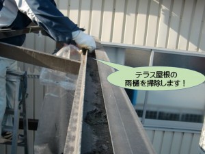 テラス屋根の雨樋を掃除します