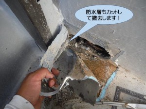 防水層をカットして撤去します