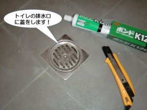 トイレの排水口に蓋をします