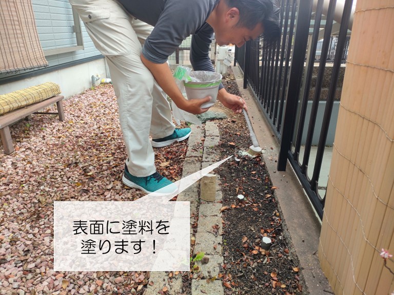 和泉市の木の幹に塗料を塗ります